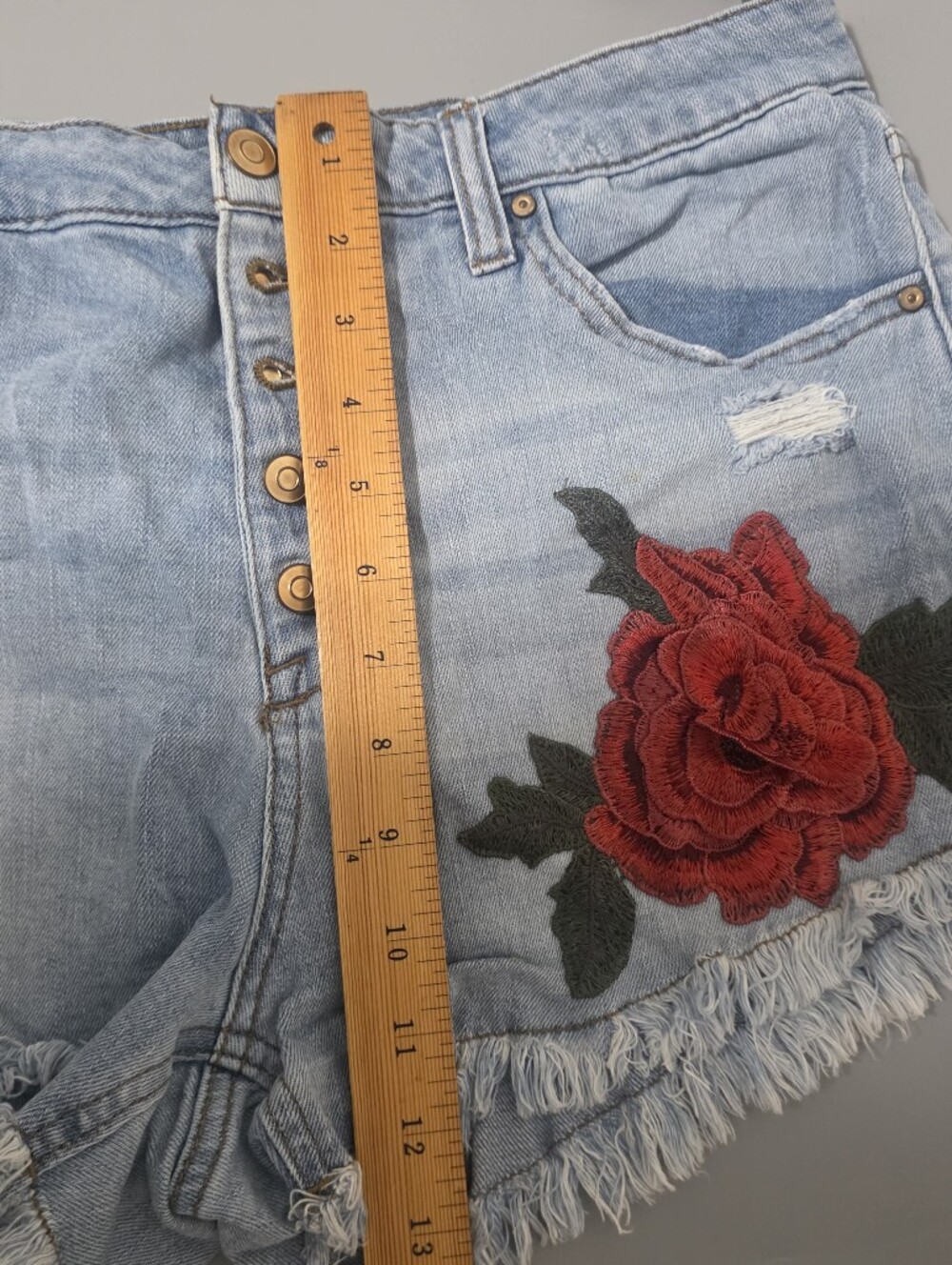 NOBO Light Blue Denim Shorts with Red Rose Appliqué - Picture 9 of 9